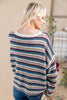 A woman shown from the back wearing a loose, long-sleeve striped knit sweater with horizontal bands of teal, burgundy, tan, and cream, paired with blue jeans.