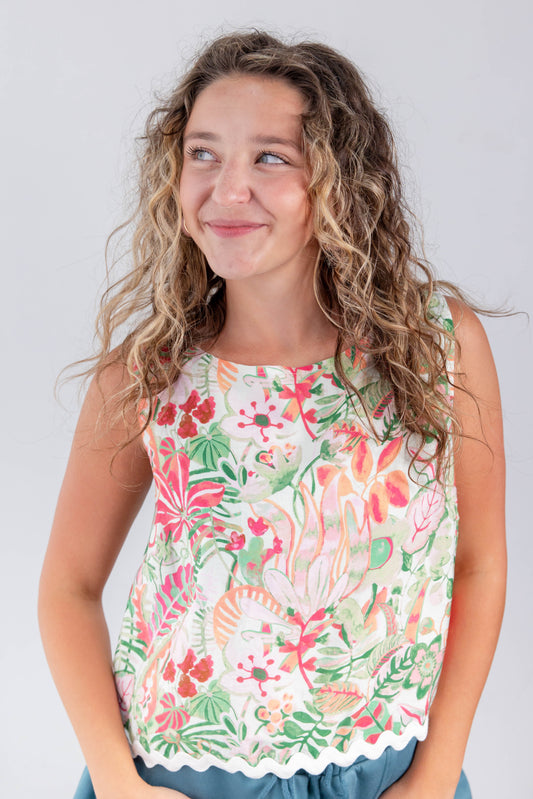 Retro Petal Pop Sleeveless Floral Print Top