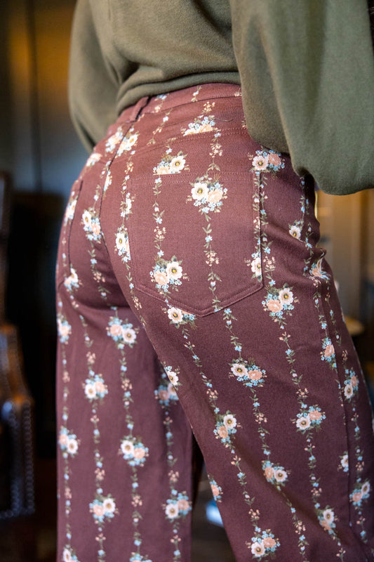 Mocha Meadow Floral Print Wide Leg Cotton Blend Pants