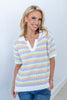 Confetti Club Pastel Stripe V-Neck Collared Short Sleeve Sweater
