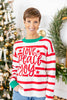 A woman wearing a festive Christmas sweater with red and white horizontal stripes, green ribbed collar and cuffs, and 'Love Peace Joy' written in red script across the front.