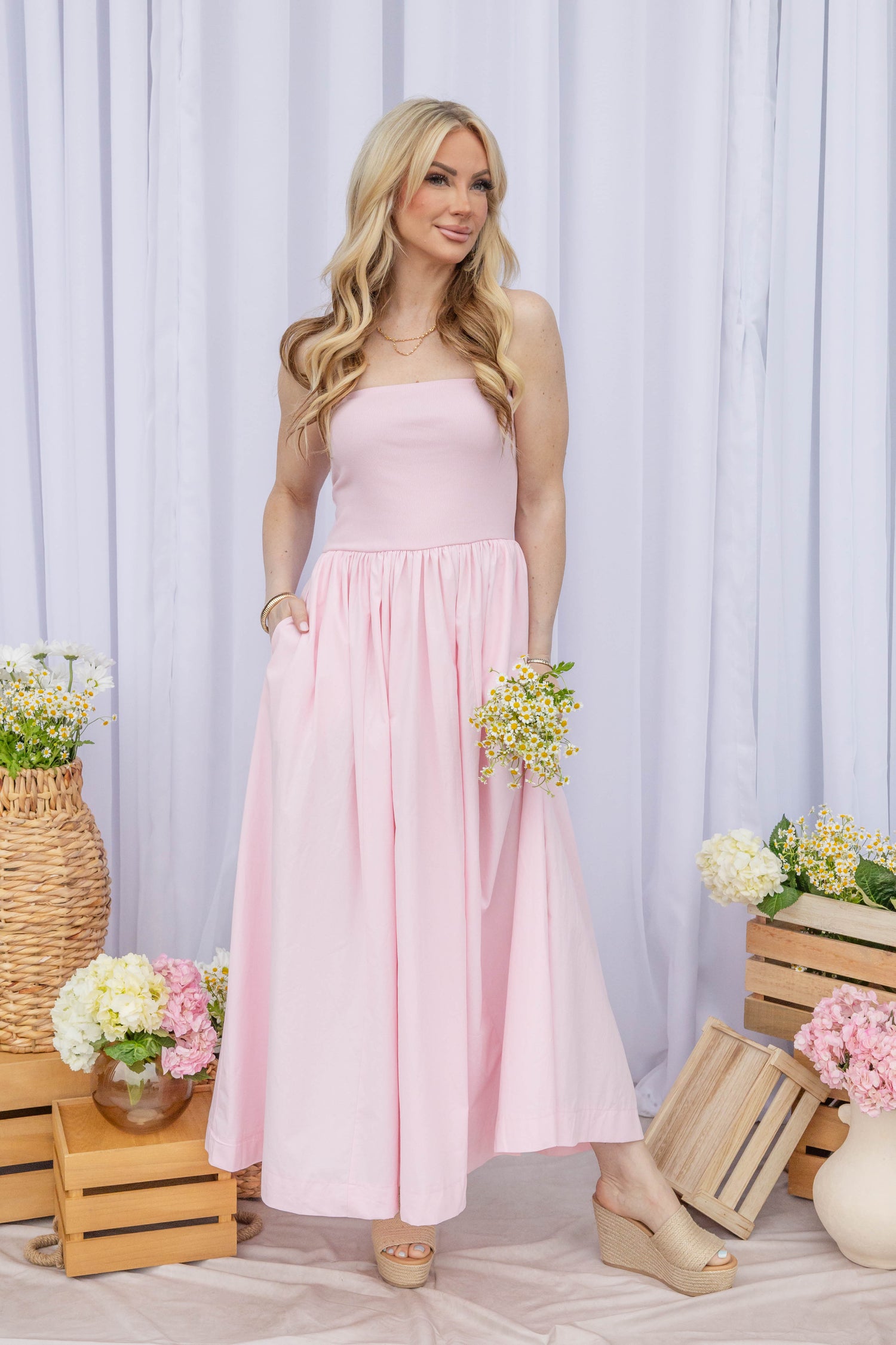 strapless cotton midi dress Green Strapless Floral Cotton Ruffle Midi Dress