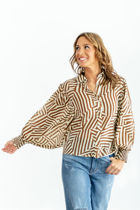 Chic Woven Canvas Long Bubble Sleeve Top