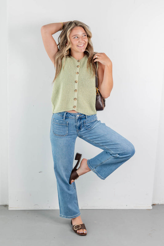 Think Again Mid Rise Patch Pocket Jeans