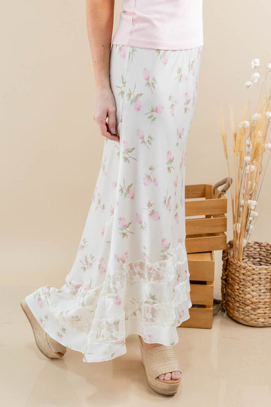 Soft & Sweet Satin Pink Floral and Lace Maxi Skirt