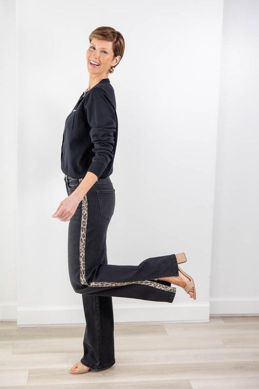 Feline Fine Black Leopard Side Stripe Flare Jeans
