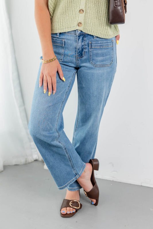 Think Again Mid Rise Patch Pocket Jeans