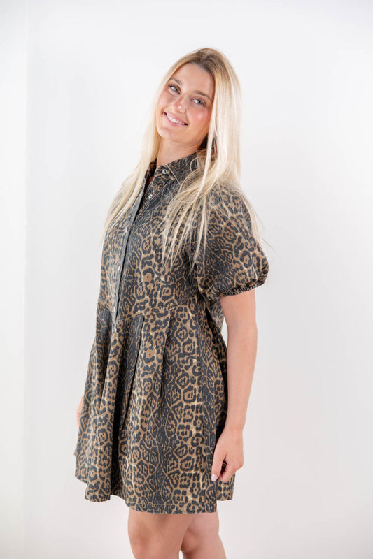 Pretty Spotted Button Up Washed Leopard Print Cotton Shirt Dress
