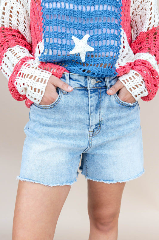 Roll With It Frayed Stretch Denim Shorts