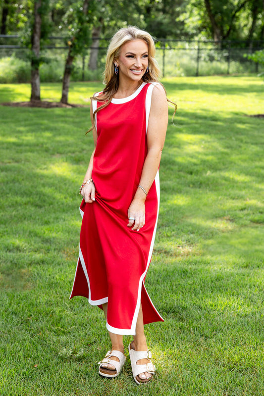 Freedom Flame Contrast Trim Red Sleeveless Midi Dress