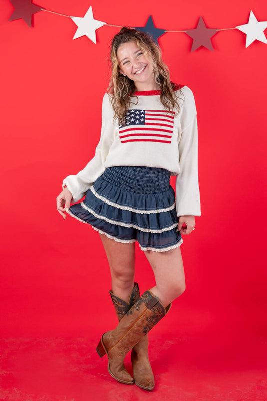 Feminine Flounce Lace Trim Tiered Skort