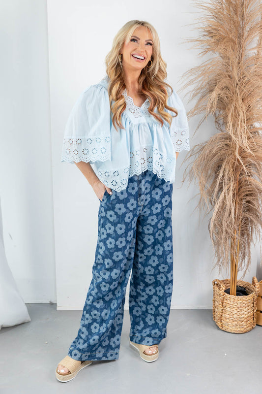 Grow Forward Floral Print Dark Wash Denim Pants