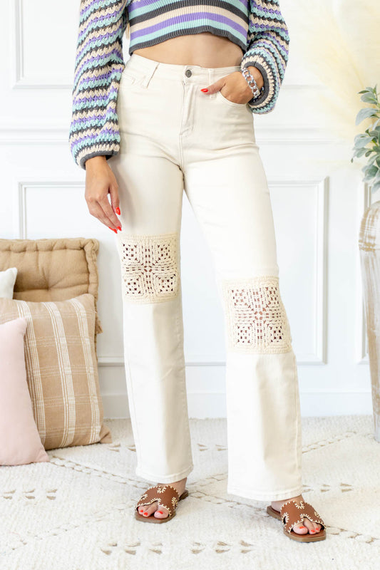 Countryside Crochet Patch Cream Colored Wide Leg Judy Blue Jeans