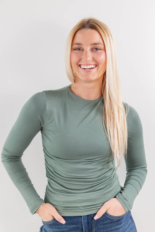 Pulled to Perfection Ruched Long Sleeve Basic Fitted Top