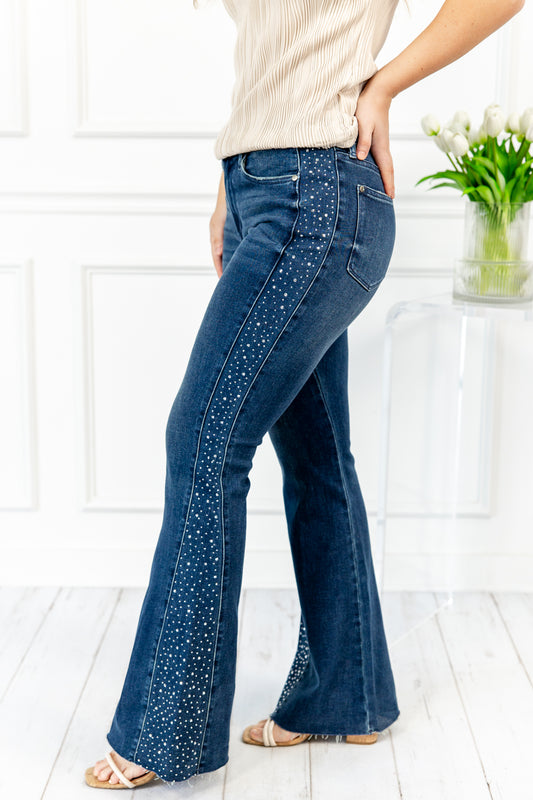 Rhinestone Detail Mid Rise Flare Jeans