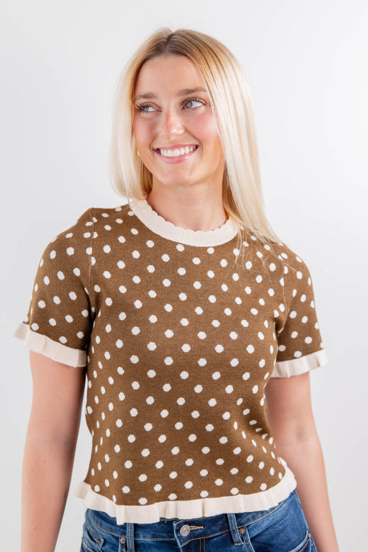 Ruffle Kiss Polka Dot Ruffled Short Sleeve Sweater