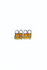 Small silver-toned candy corn stud earrings with glittery amber-yellow bodies, arranged side by side on a plain white background.