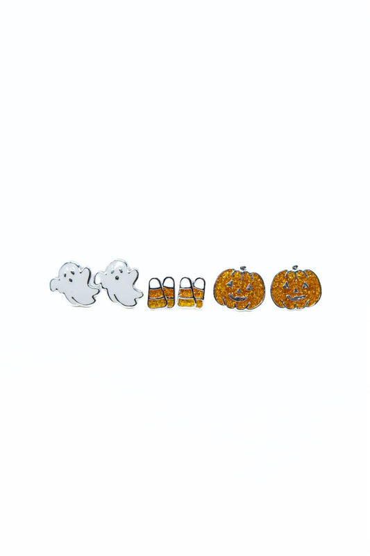A set of Halloween-themed enamel earrings on a plain white background, featuring a pair of white ghosts, a pair of candy corns, and a pair of orange pumpkins jack-o-lanterns.