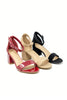 Three women's block-heel sandals arranged on a white background: one glossy red sandal in front, one beige sandal in the middle, and one black sandal behind.