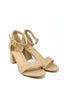 A pair of beige block-heel sandals with ankle straps and open toes, photographed on a clean white background.