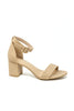 A single beige block-heel sandal with an ankle strap and open toe, photographed from the side against a plain white background.