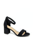 A single black block-heel sandal with an ankle strap and open toe, photographed from a side profile on a clean white background.