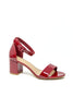A single red patent leather block-heel sandal with an ankle strap and open toe, shown from a side profile on a white background.