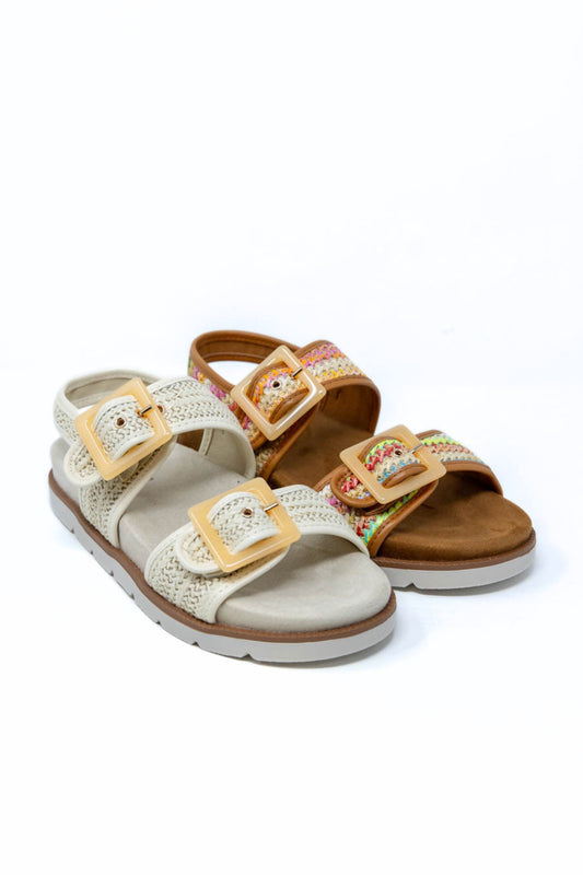 Feather Steps Big Buckle Raffia Sandals