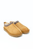 A pair of tan suede slip-on slippers with a patterned trim around the collar, shown on a plain white background.