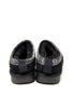 A pair of black slip-on slippers with a textured knit pattern trim and plush black lining, shown from the back on a white background.