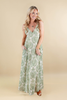Green Goddess Floral Damask Print Open Back Maxi Dress