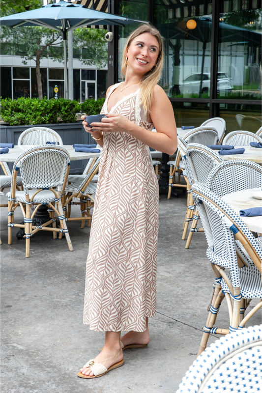 Neutral Oasis Lace Trimmed V-Neck Botanical Print Dress