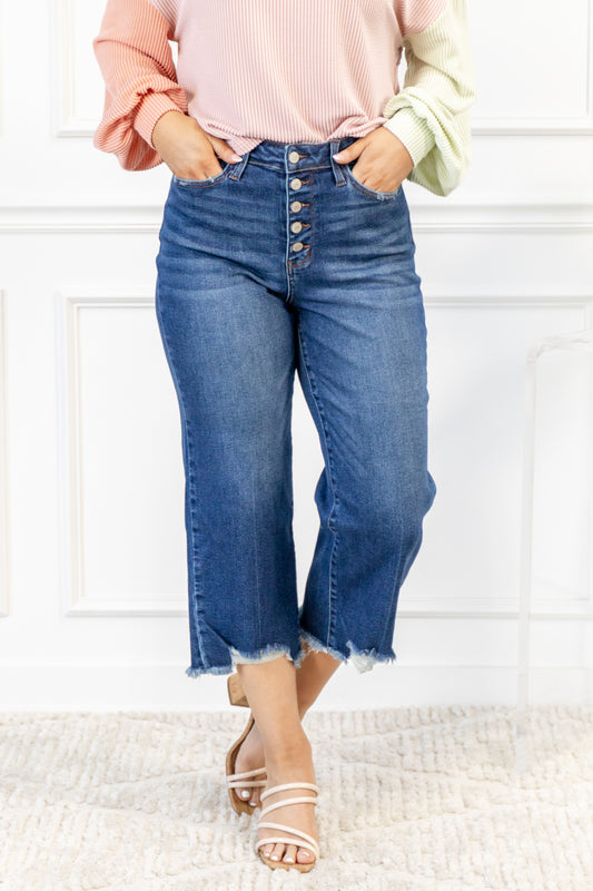 High Rise Button Fly Wide Leg Crop Jeans