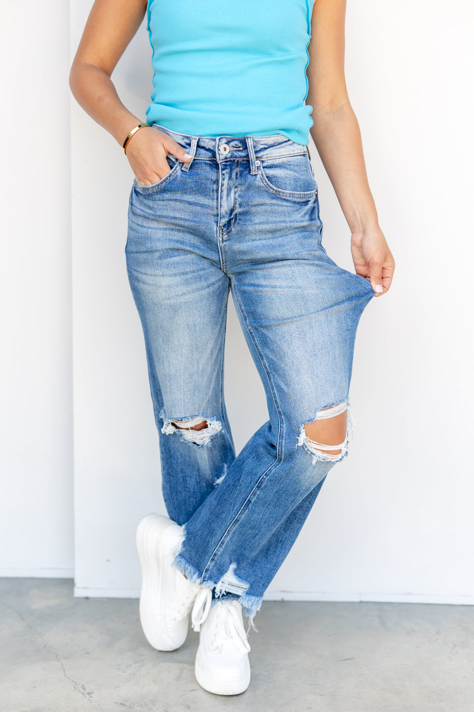 Mica Denim Mint Striped Wide Stretchy Crop Jeans