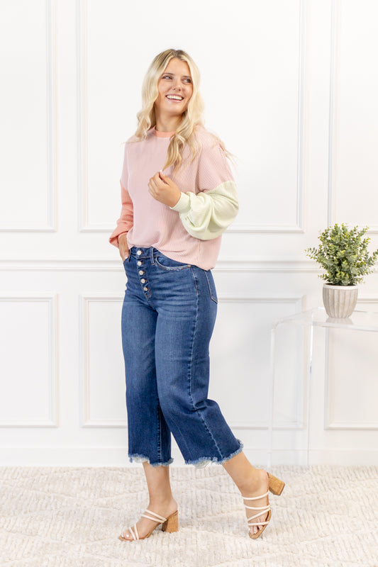 High Rise Button Fly Wide Leg Crop Jeans