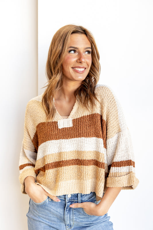 Notched Elegance Striped Sweater