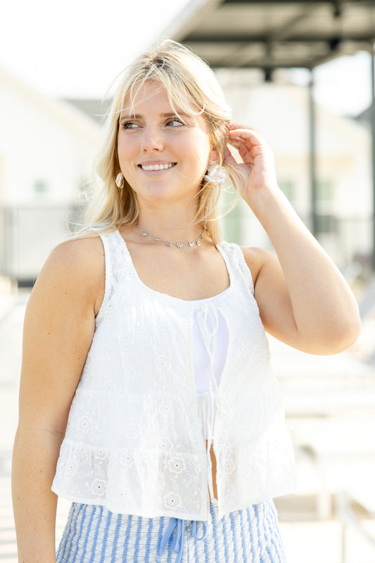 Stitching Up Style Embroidered Tie Front Tank