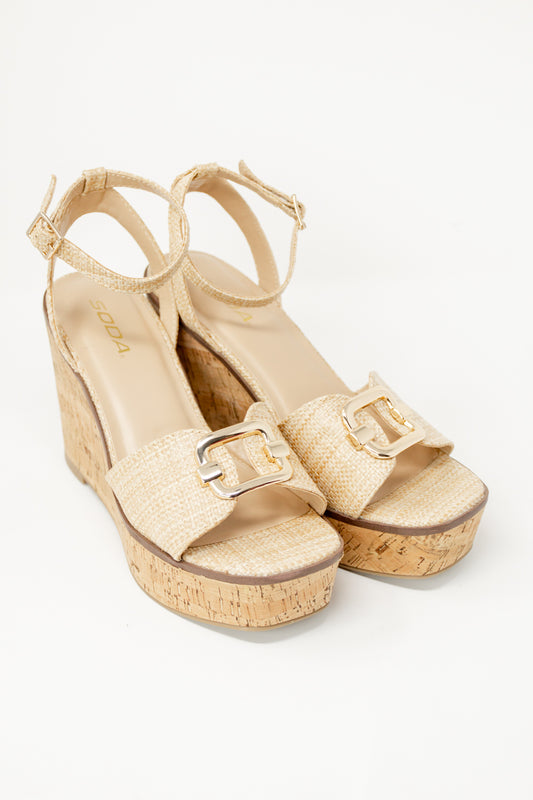 Woven Treasure Buckle Platform Wedges