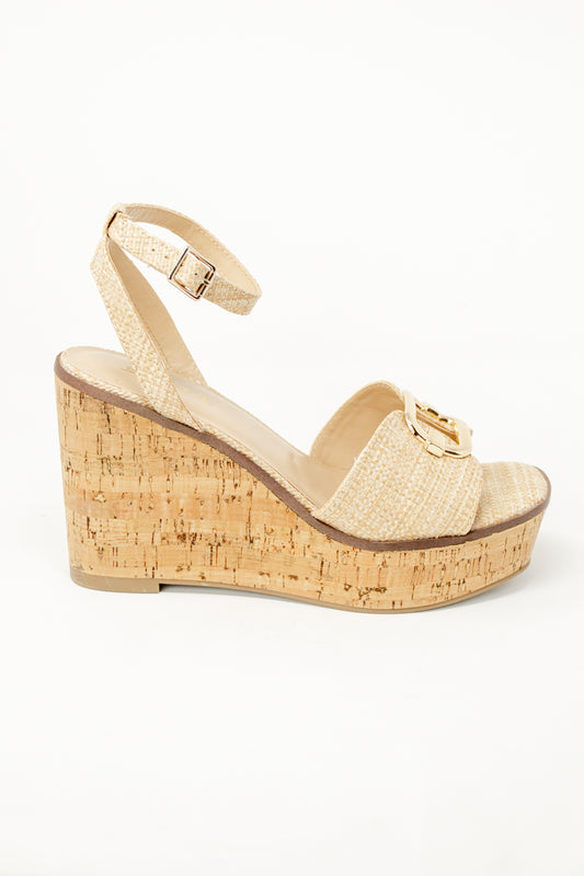 Woven Treasure Buckle Platform Wedges