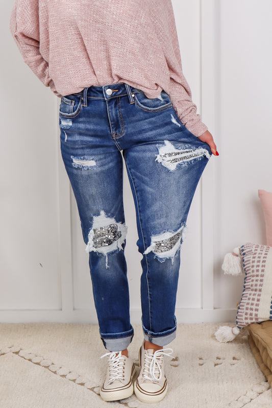 Risen Denim Reg/Plus Mid Rise Sequin Patch Relaxed Fit Jeans