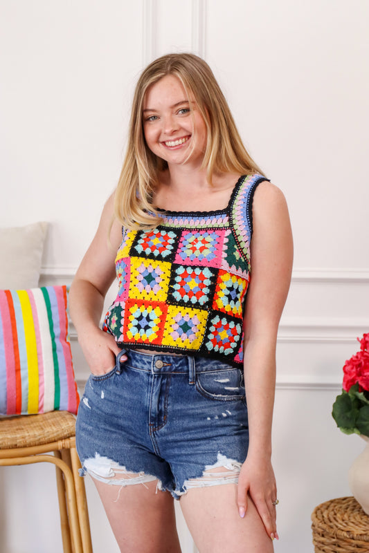 Country Square Crochet Crop Sweater Top