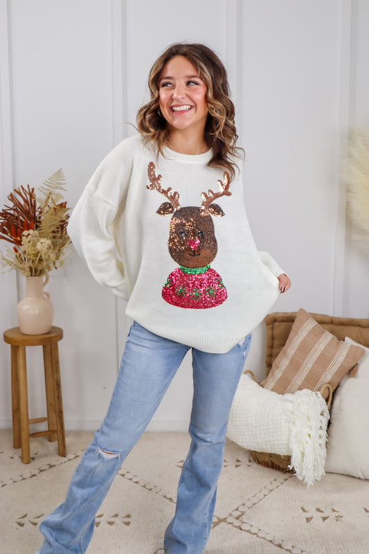 Run Rudolph Run Reindeer Sequin Sweater