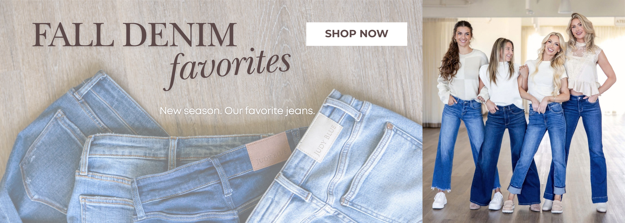 Fall denim favorites featuring women's jeans in dark, medium, and light washes styled with fall tops from Charming & Main.