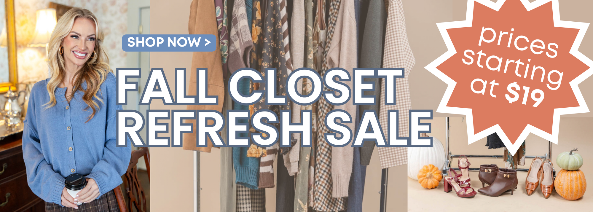Charming & Main Fall Closet Refresh Sale featuring women's fall clothing, cozy sweaters, tops, and seasonal styles with prices starting at $19.