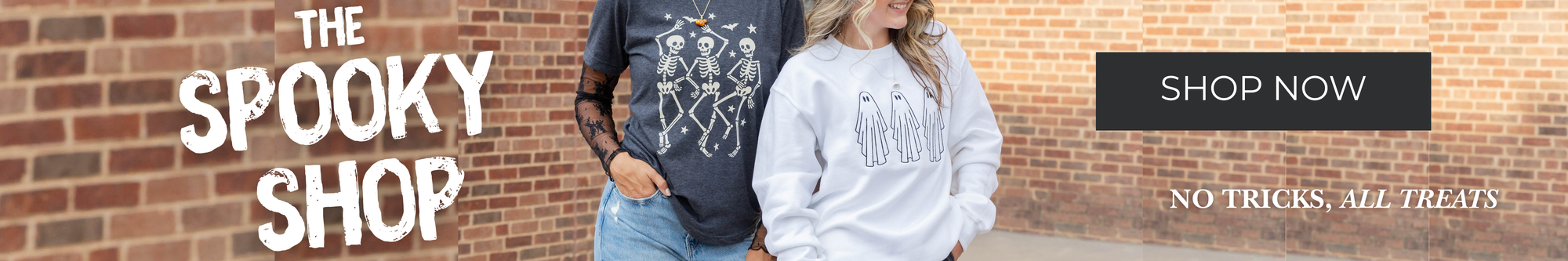 Women's Halloween clothing - sweaters, tops, graphics in orange and black. Featuring pumpkins, witches, ghosts, and bats.