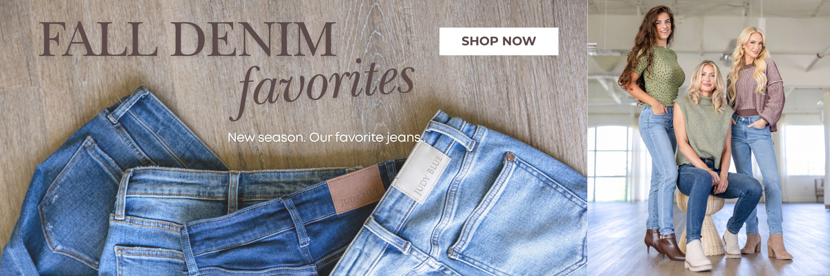 Fall denim favorites featuring women's jeans in dark, medium, and light washes styled with fall tops from Charming & Main.