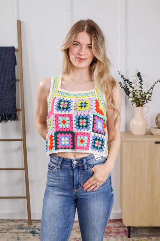 Country Square Crochet Crop Sweater Top