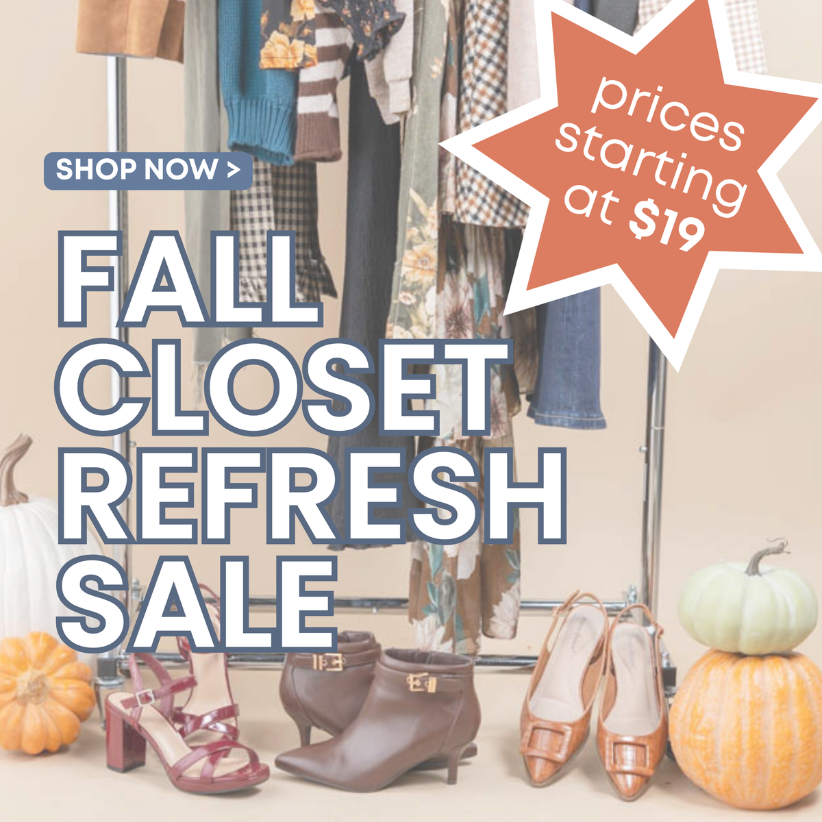 Charming & Main Fall Closet Refresh Sale featuring women's fall clothing, cozy sweaters, tops, and seasonal styles with prices starting at $19.