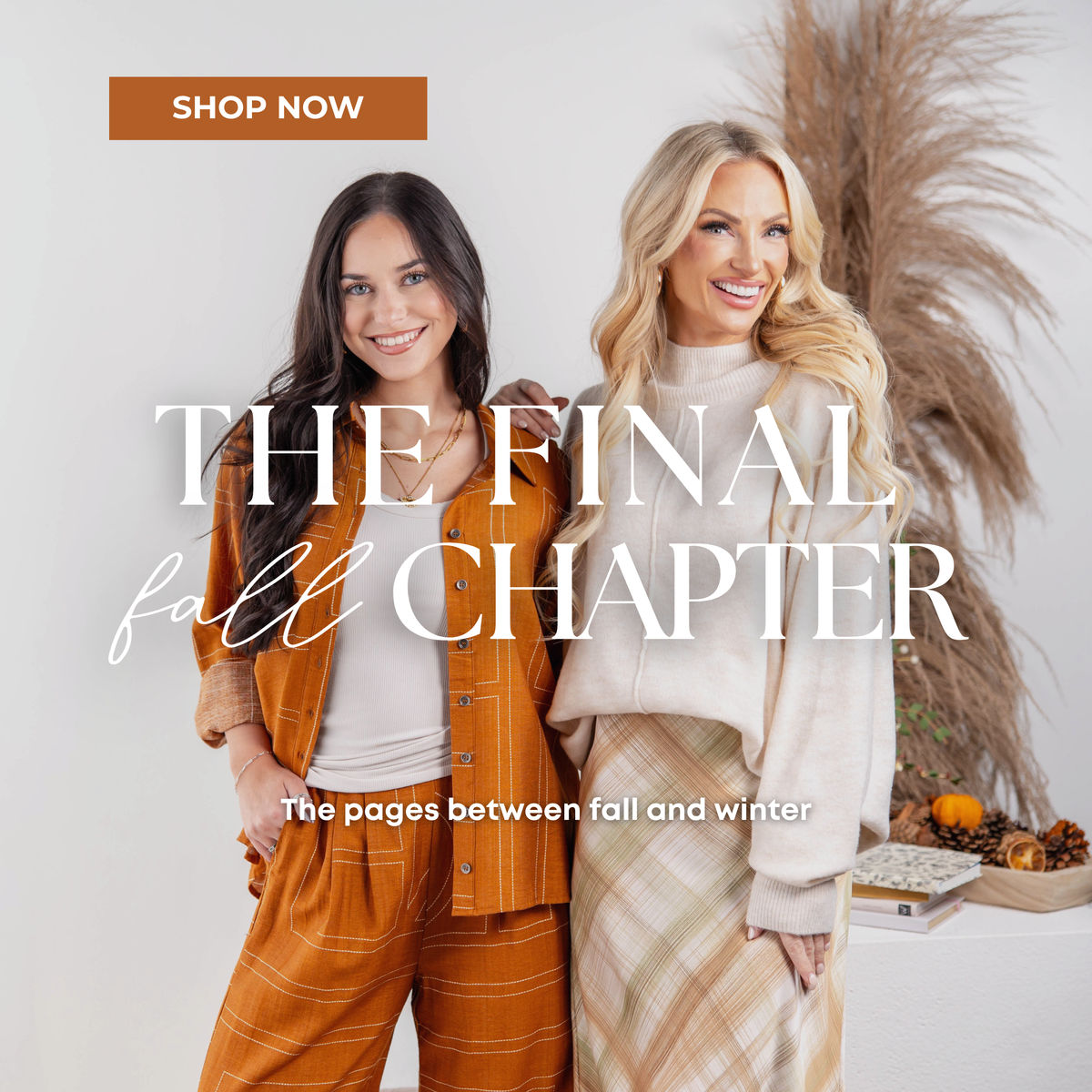 Women's fall fashion from Charming & Main's Final Fall Chapter collection, featuring cozy sweaters, trendy tops, stylish jeans, skirts, boots, and versatile fall outfits.
