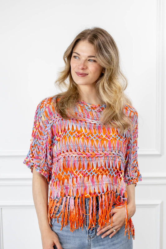 Fringe Benefits Open Knit Cover Up Top